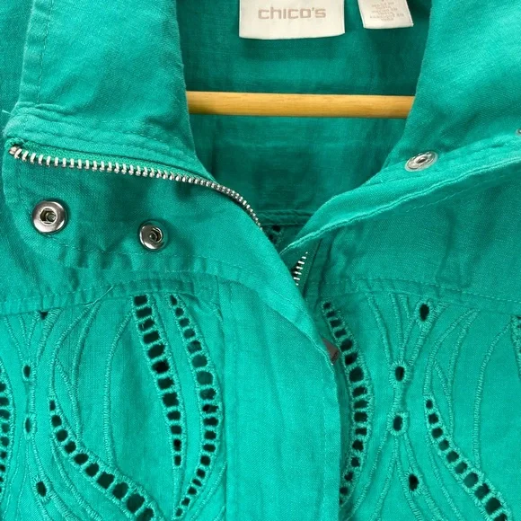 Chicos Jacket Womens 1 Small Green Eyelet Cutout Embroidered Zip Front - Picture 4 of 11